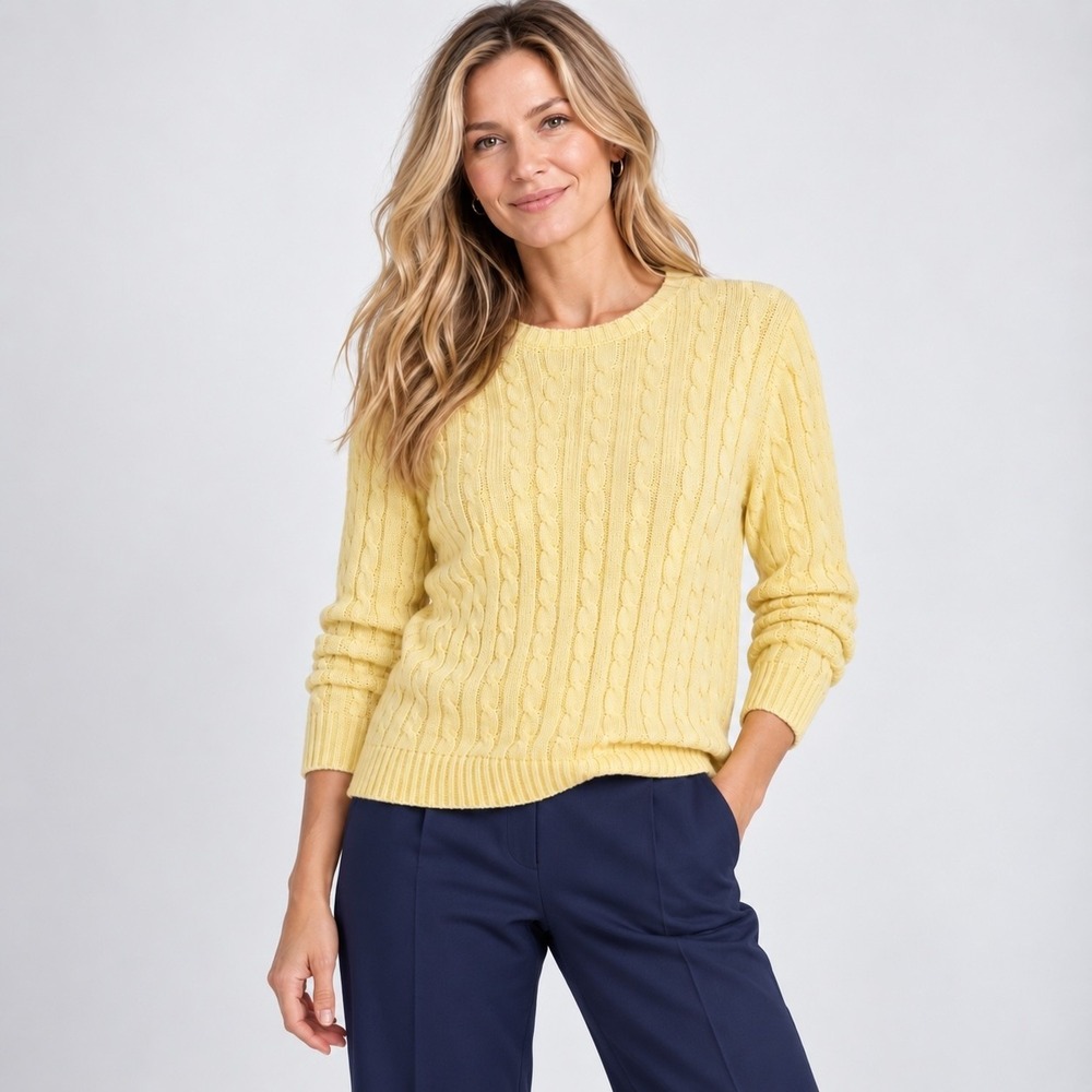 L.L. Bean Crew Neck Cable Knit Sweater Womens S Yellow Cotton Classic Preppy